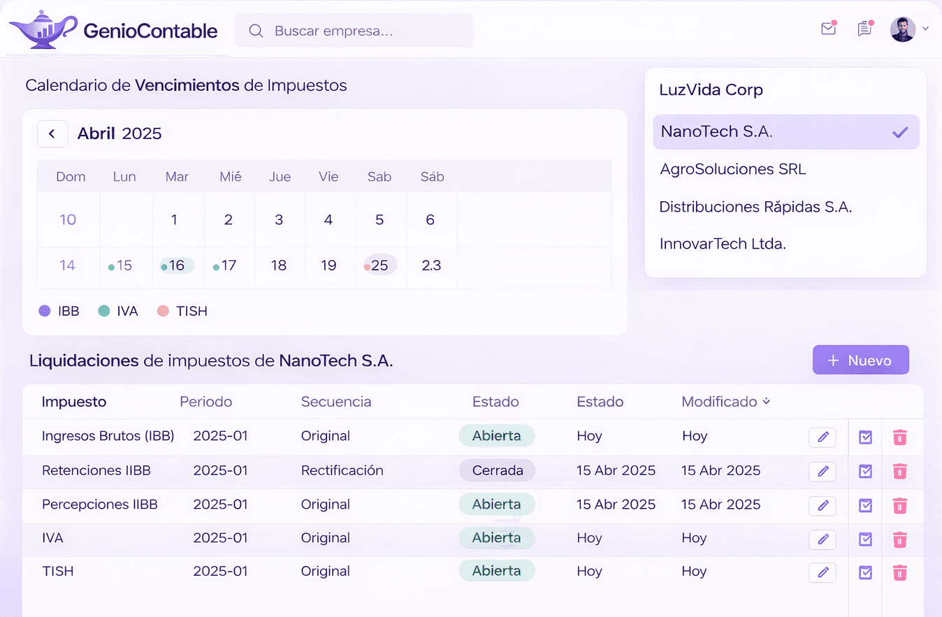 Plataforma GenioContable mostrando dashboard de liquidación de impuestos